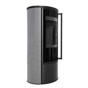 Kaminofen aus Stahl ERIK (5,5 KW) Ø 150 mit Türfeder und dekorative Akkumulationskeramik GRAY SATIN - Brennkammer schwarz